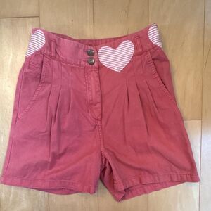 Nantucket Red H & M High Waisted Shorts With Heart Appliques 100% Cotton Pleated